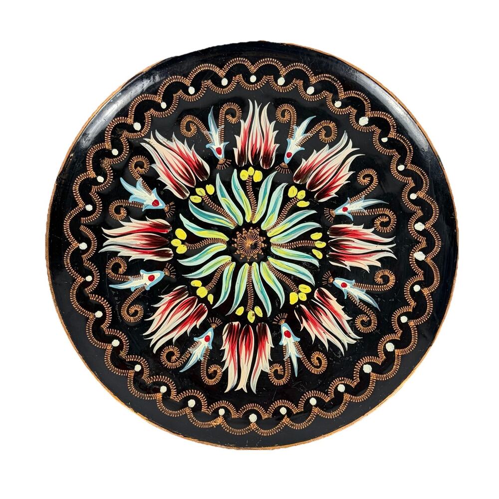 Vintage Turkish Folk Art Hand Painted Etched 9.5" Copper Plate Wall Hanging - Picture 1 of 6